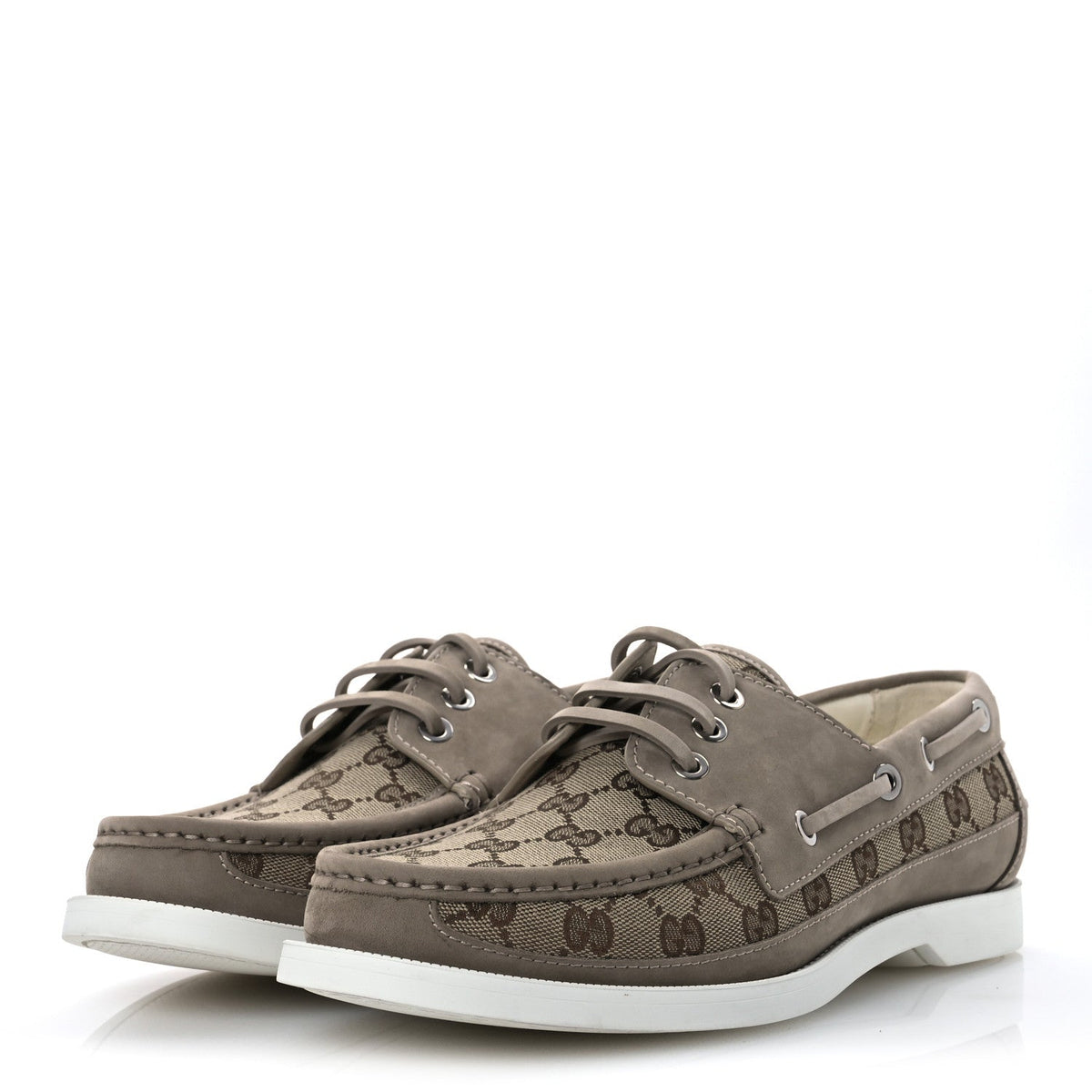 GG Supreme Monogram Canvas Nubuck Mens Lace Up Boat Shoes 9.5 Oatmeal Beige Ebony