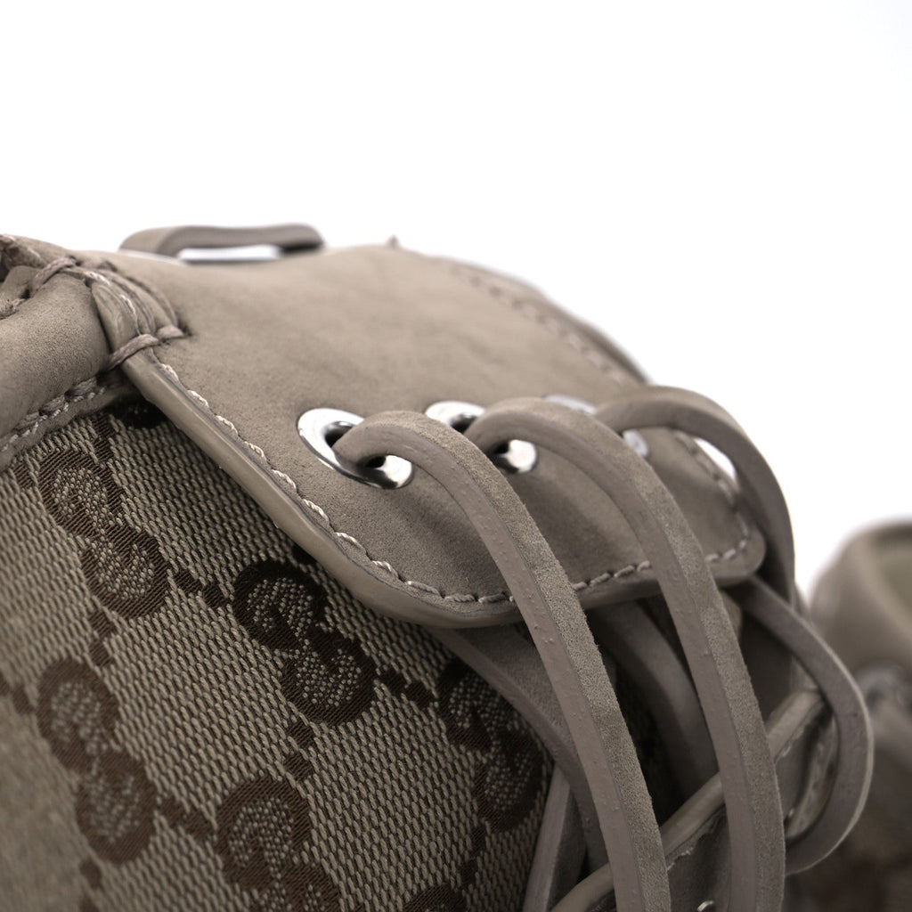 GG Supreme Monogram Canvas Nubuck Mens Lace Up Boat Shoes 9.5 Oatmeal Beige Ebony