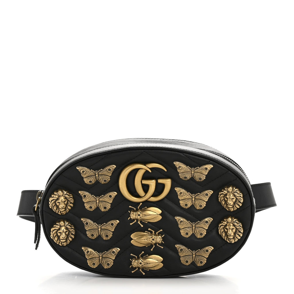 Calfskin Matelasse Animal Studs GG Marmont Belt Bag 85 34 Black