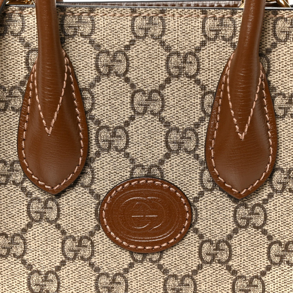 GG Supreme Monogram Azalea Calfskin Mini Retro Interlocking G Tote Bag Beige Ebony Brown Sugar