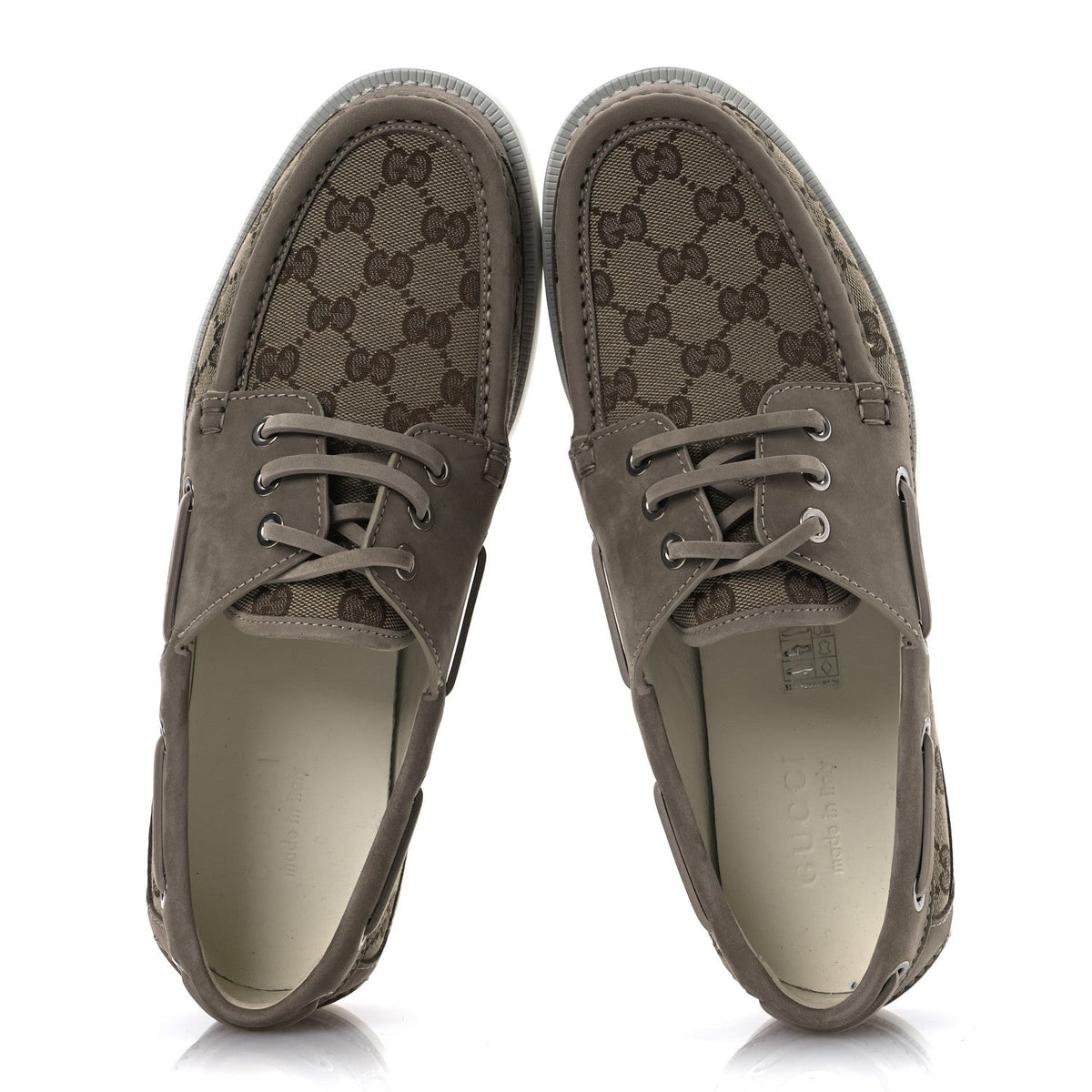 GG Supreme Monogram Canvas Nubuck Mens Lace Up Boat Shoes 9.5 Oatmeal Beige Ebony