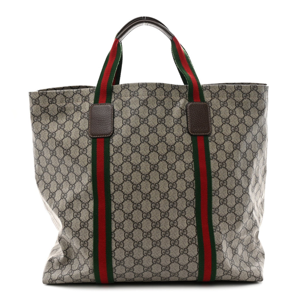 Tender GG Supreme Monogram Textured Dollar Calfskin Web Tote Beige Ebony New Acero